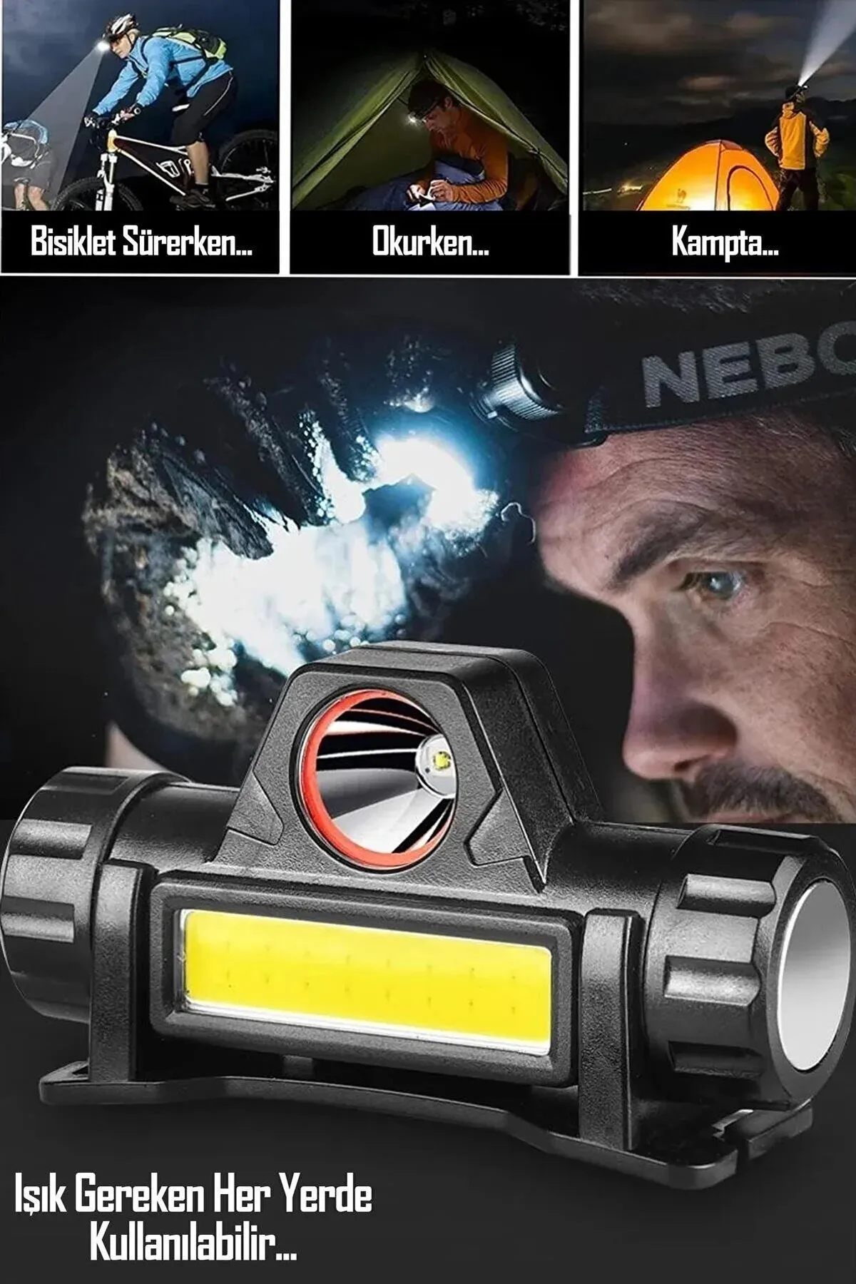 Şarjlı Kafa Lambası, 3 Fonksiyonlu Led Işıklı Kafa Lambası ve Çantası