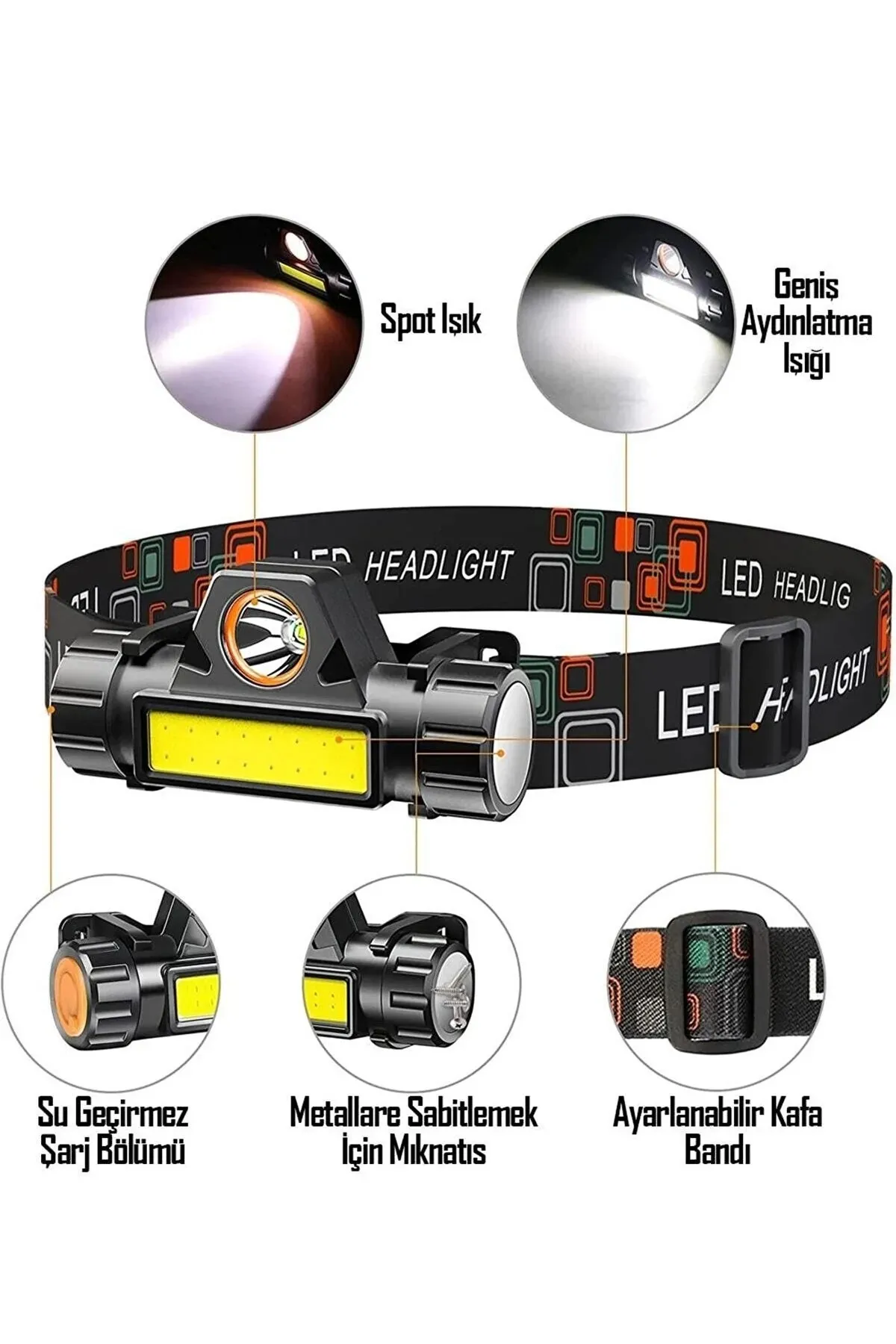 Şarjlı Kafa Lambası, 3 Fonksiyonlu Led Işıklı Kafa Lambası ve Çantası