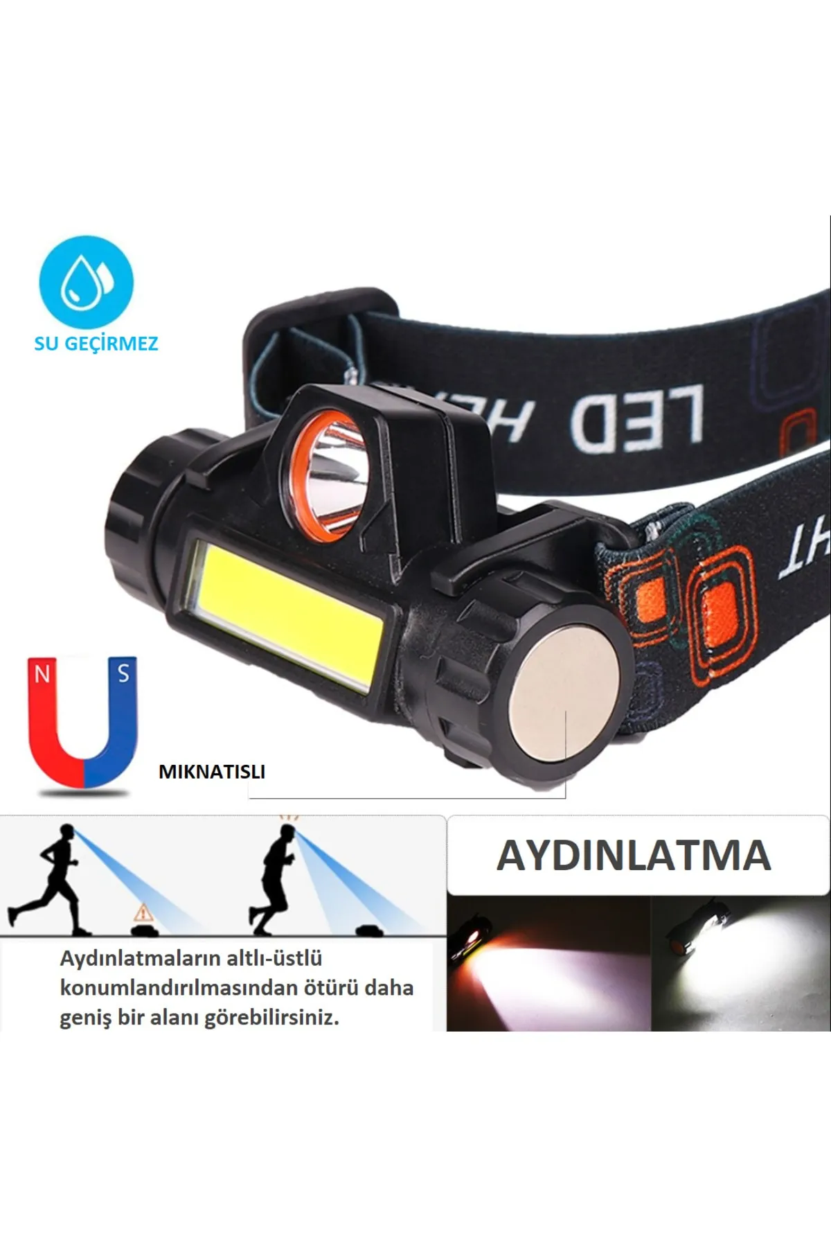 Şarjlı Kafa Lambası, 3 Fonksiyonlu Led Işıklı Kafa Lambası ve Çantası