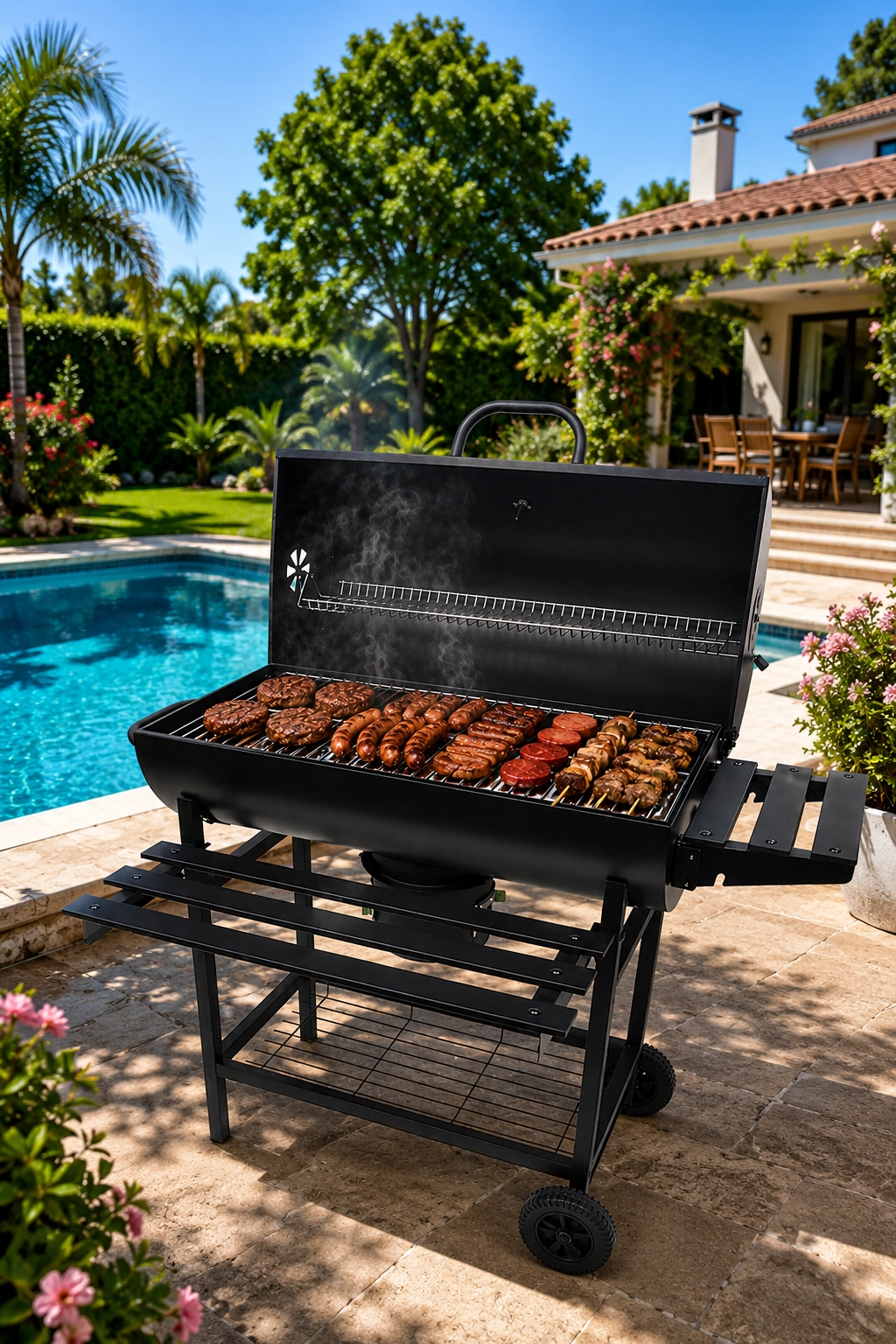 Kapaklı Kömürlü Barbekü Mangal, Tekerlekli Bahçe ve Balkon Mangalı - Kül Hazneli 106x65x95,5 cm