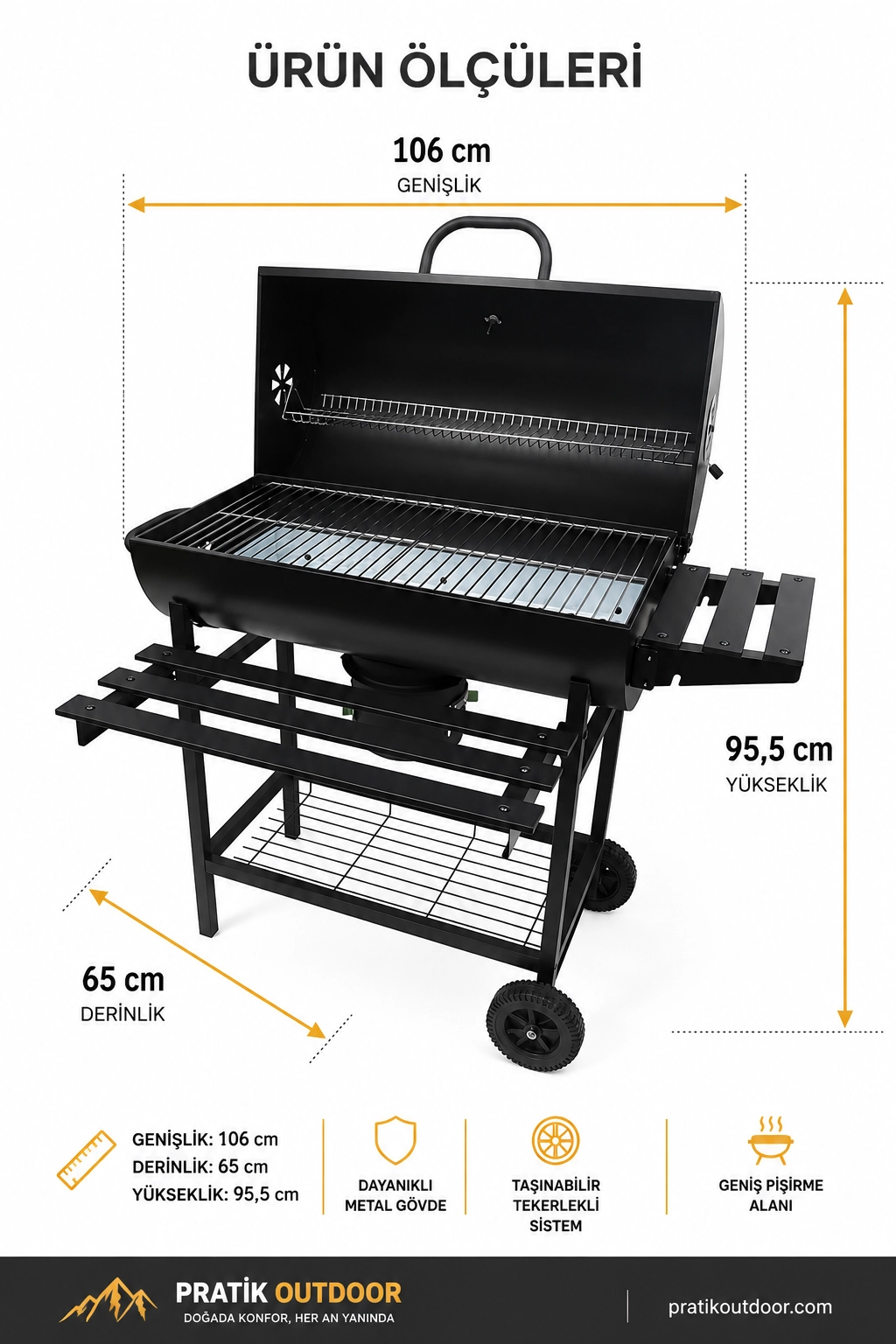 Kapaklı Kömürlü Barbekü Mangal, Tekerlekli Bahçe ve Balkon Mangalı - Kül Hazneli 106x65x95,5 cm