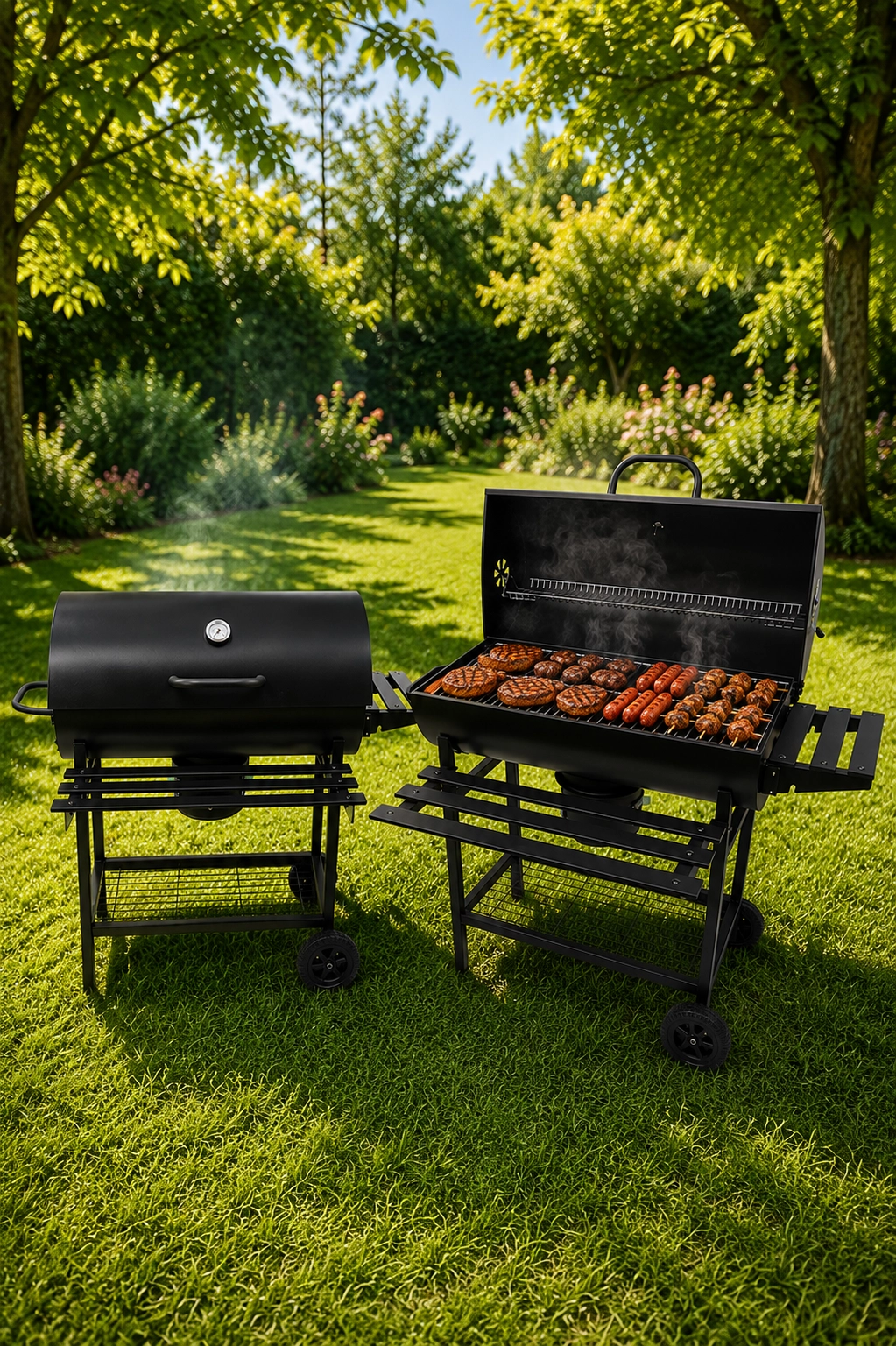 Kapaklı Kömürlü Barbekü Mangal, Tekerlekli Bahçe ve Balkon Mangalı - Kül Hazneli 106x65x95,5 cm
