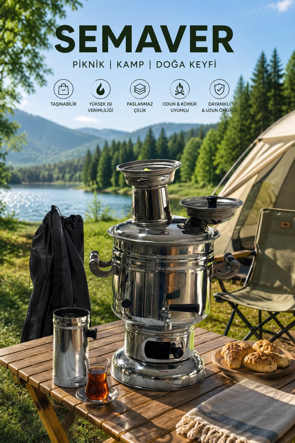 Paslanmaz Çelik Krom Semaver 4.5 Litre - Çantalı - Kömür & Odun Semaveri