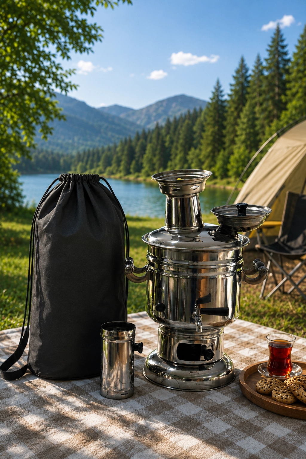 Paslanmaz Çelik Krom Semaver 4.5 Litre - Çantalı - Kömür & Odun Semaveri