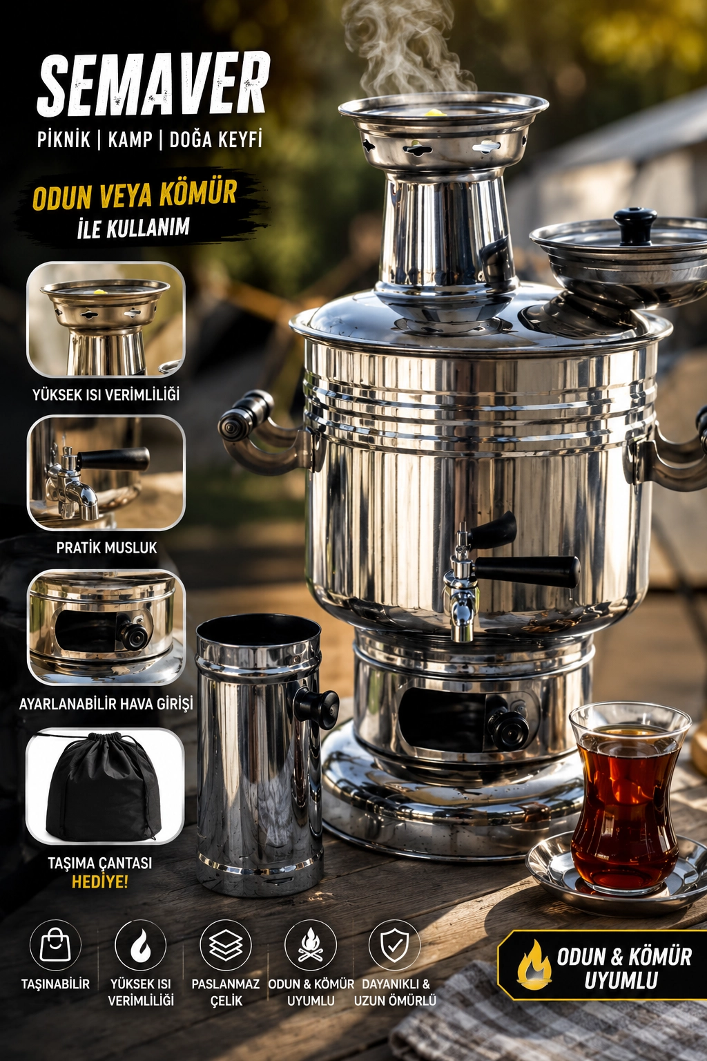 Paslanmaz Çelik Krom Semaver 4.5 Litre - Çantalı - Kömür & Odun Semaveri