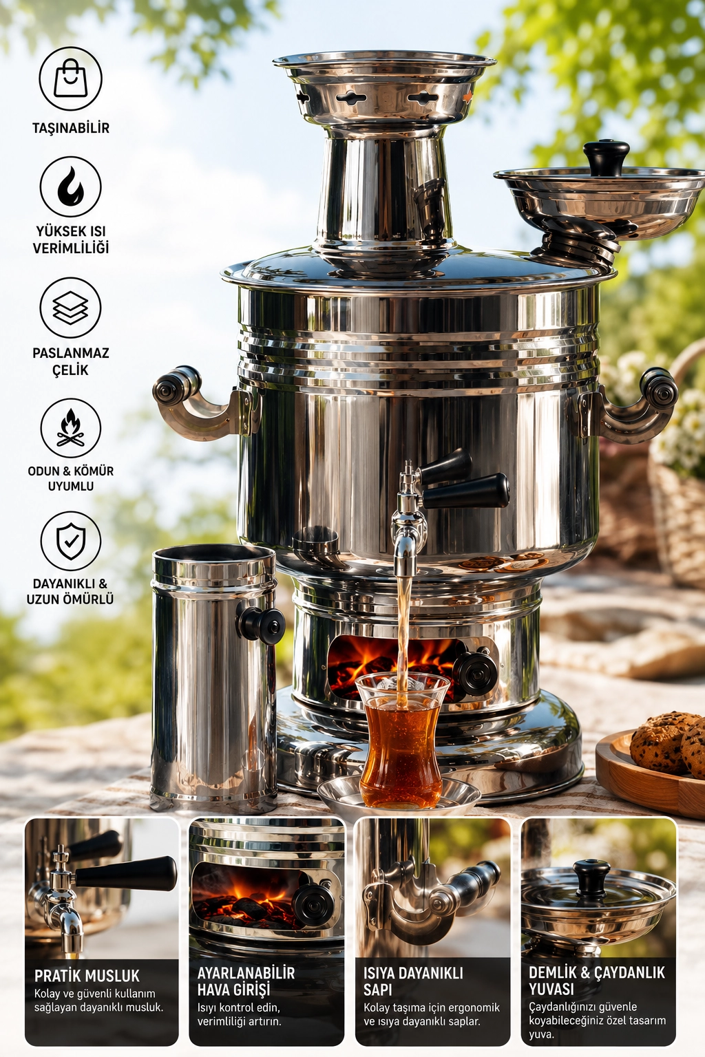 Paslanmaz Çelik Krom Semaver 4.5 Litre - Çantalı - Kömür & Odun Semaveri