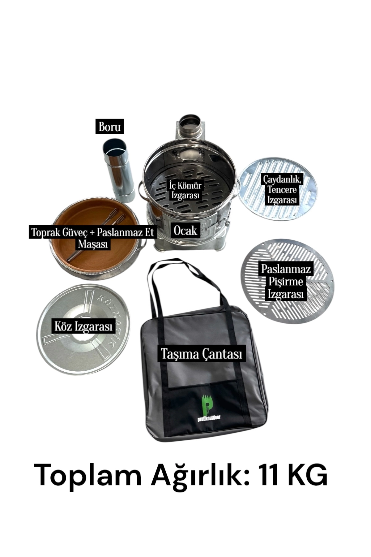 Paslanmaz Güveç Mangal Seti, Güveç Ocak, Paslanmaz Izgaralı, Toprak Tandır - Çantalı