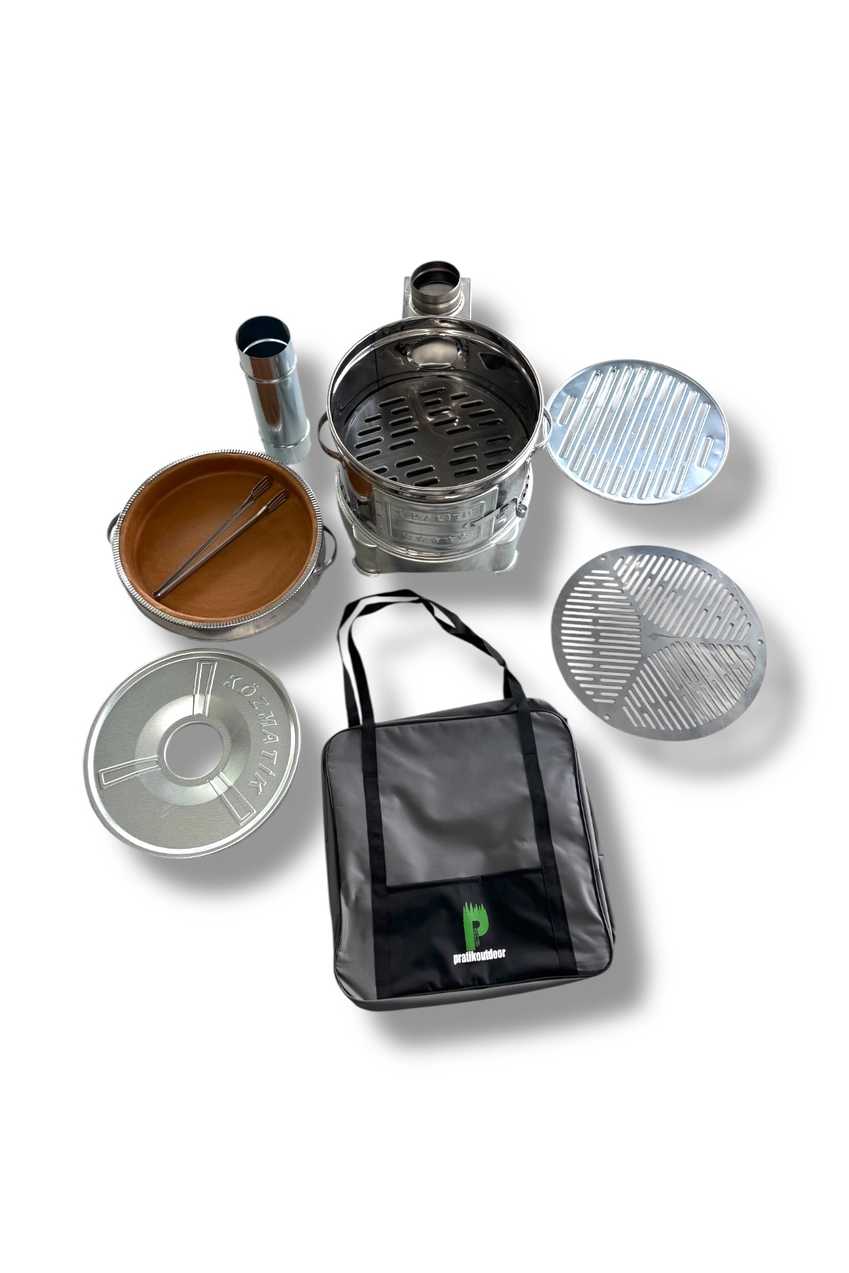 Paslanmaz Güveç Mangal Seti, Güveç Ocak, Paslanmaz Izgaralı, Toprak Tandır - Çantalı