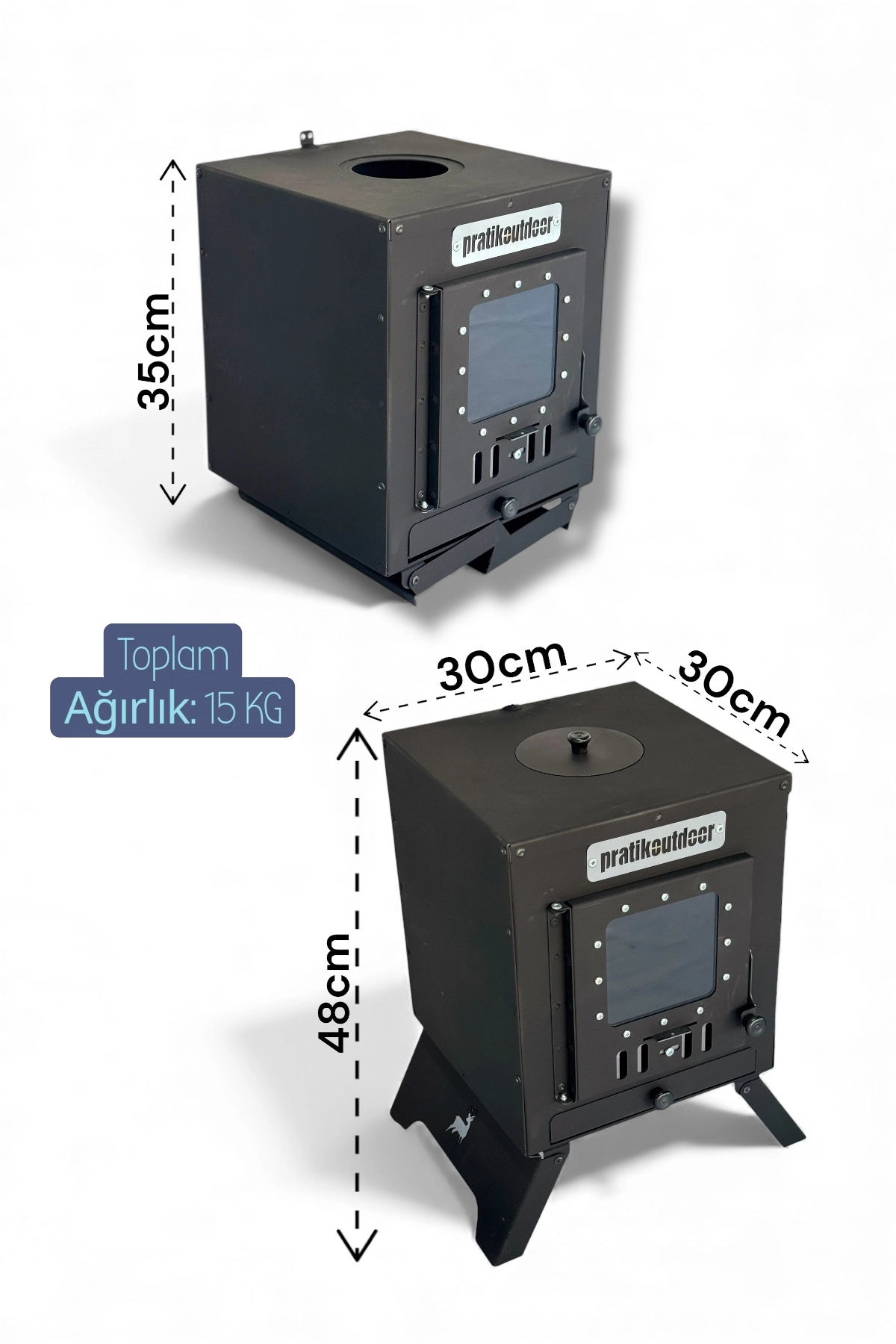 Kare Kamp ve Çadır Sobası – Katlanır Ayaklı, Borulu ve Büyük Camlı Odun Sobası Seti, Taşıma Çantalı