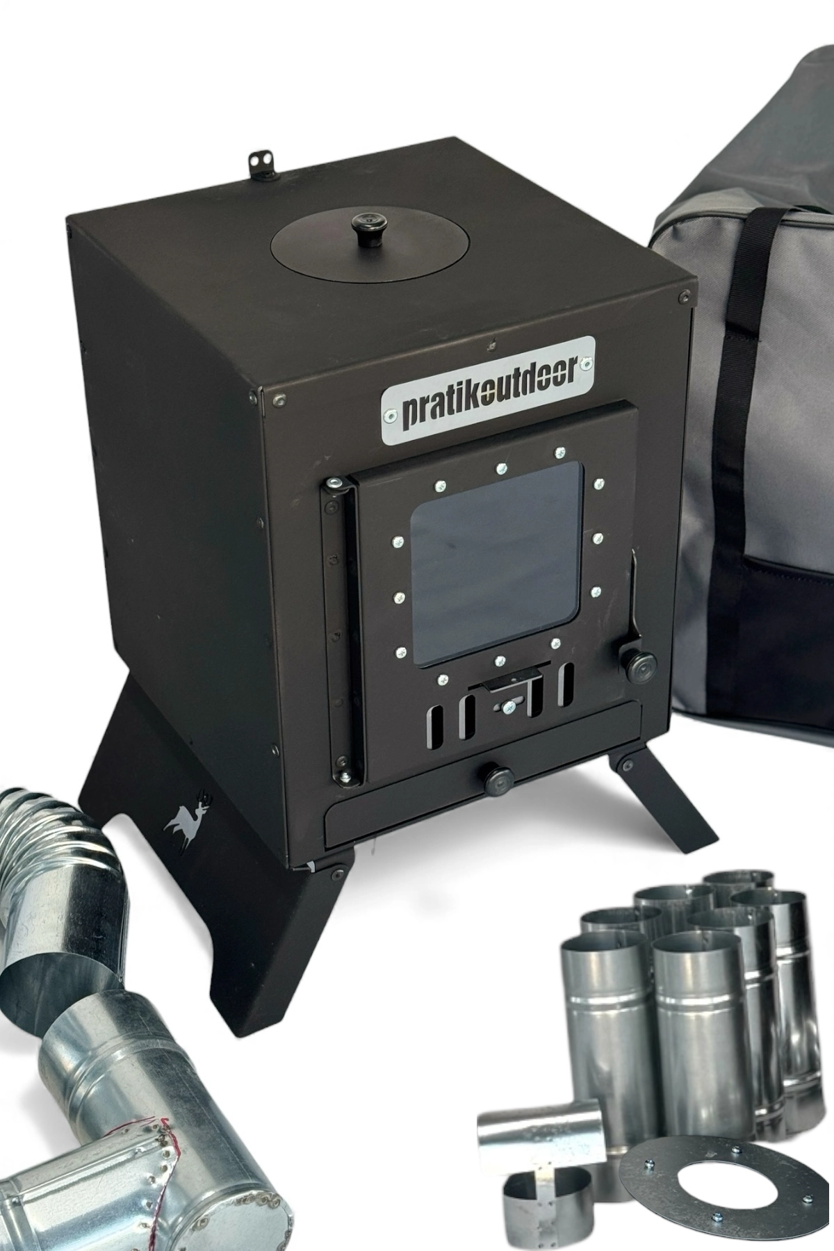 Kare Kamp ve Çadır Sobası – Katlanır Ayaklı, Borulu ve Büyük Camlı Odun Sobası Seti, Taşıma Çantalı