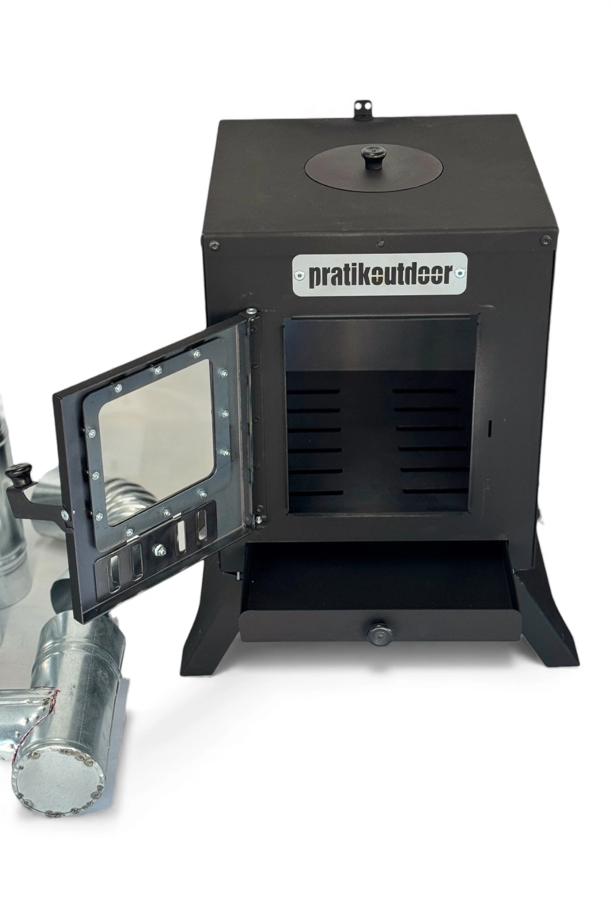 Kare Kamp ve Çadır Sobası – Katlanır Ayaklı, Borulu ve Büyük Camlı Odun Sobası Seti, Taşıma Çantalı