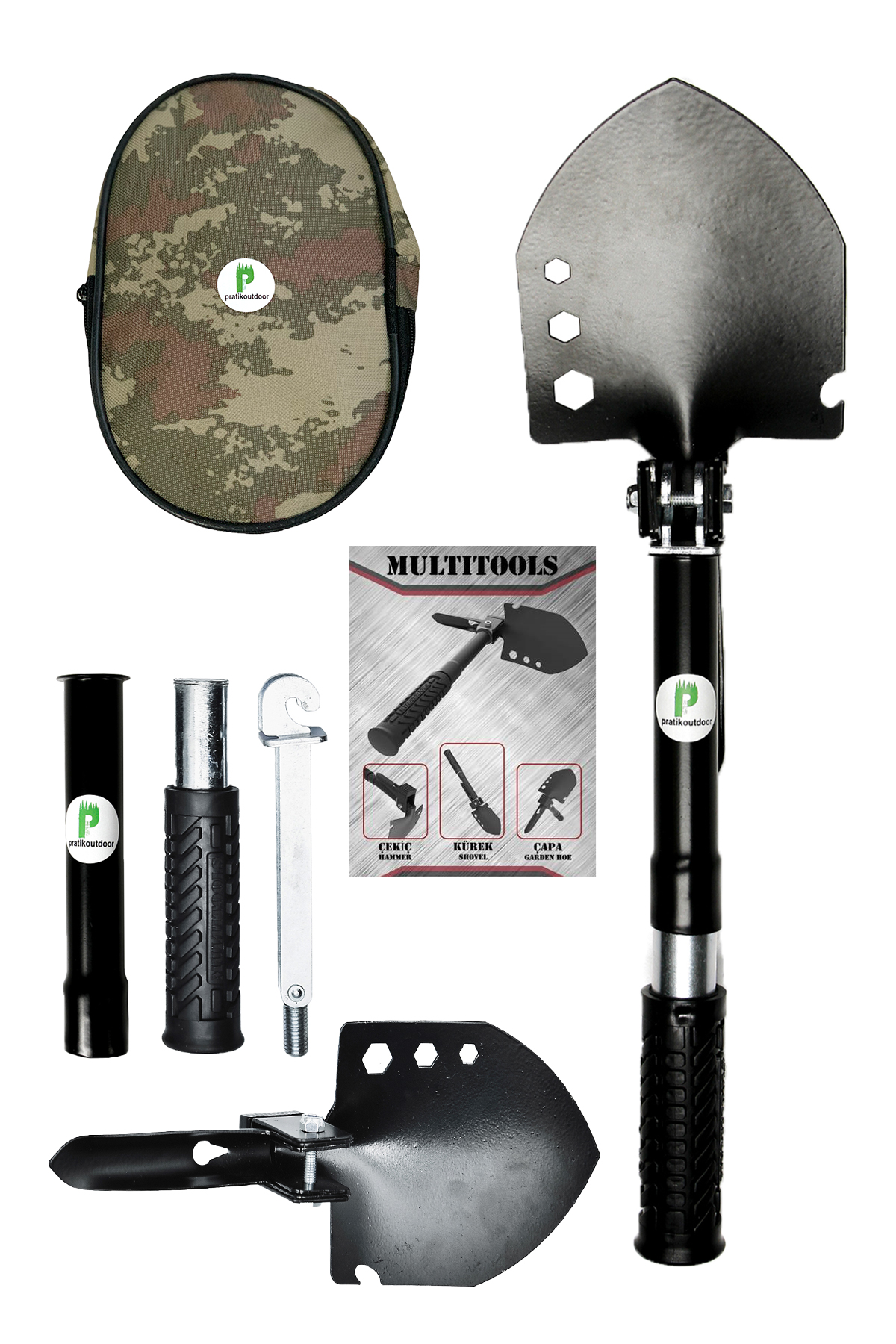 Katlanır Kamp Küreği, Çekiç, Çapa, Multitool Kürek Seti