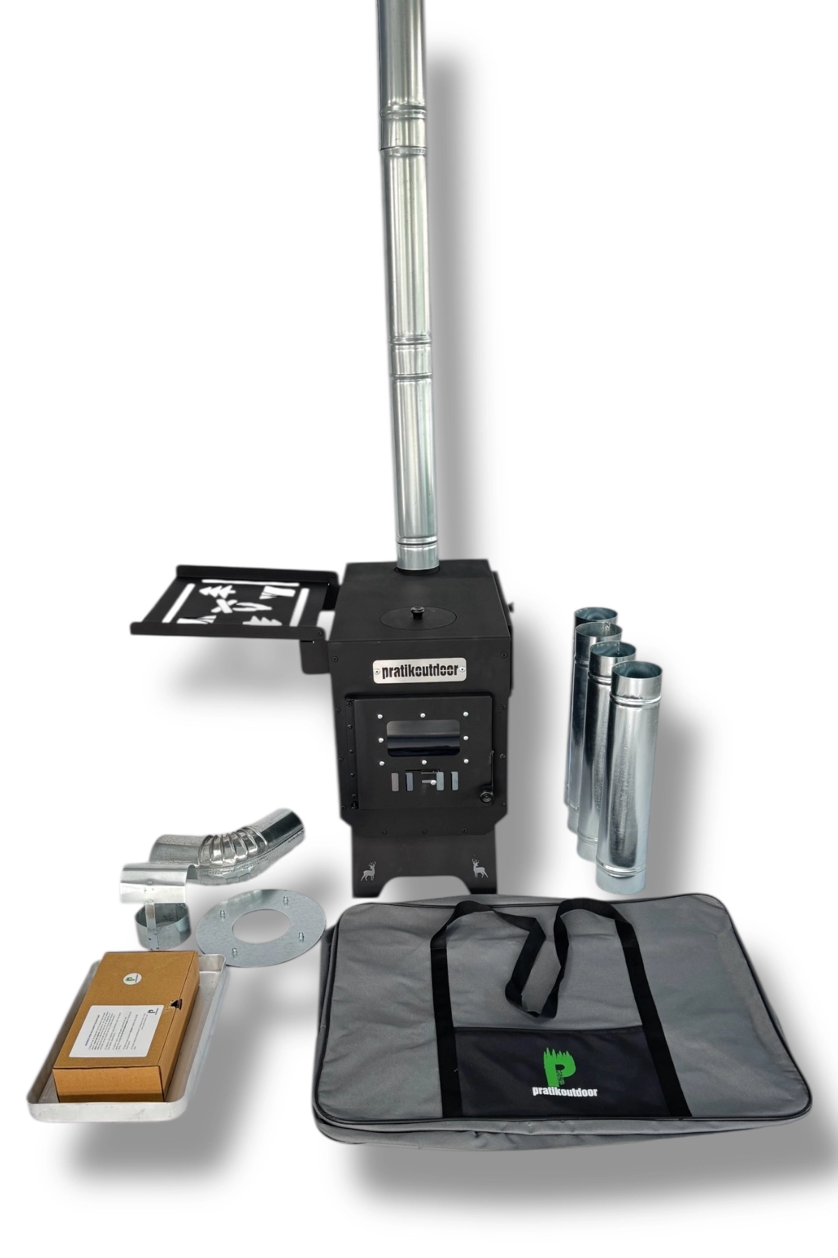 Kurutmalıklı Kuzineli ve Katlanır Ayaklı Kamp ve Çadır Sobası - Çantalı Ful Set