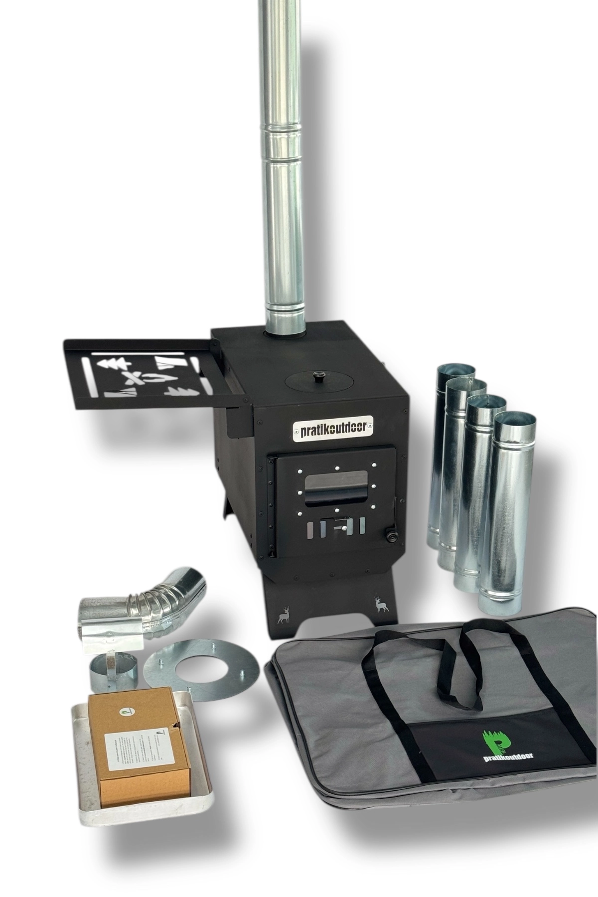 Kurutmalıklı Kuzineli ve Katlanır Ayaklı Kamp ve Çadır Sobası - Çantalı Ful Set