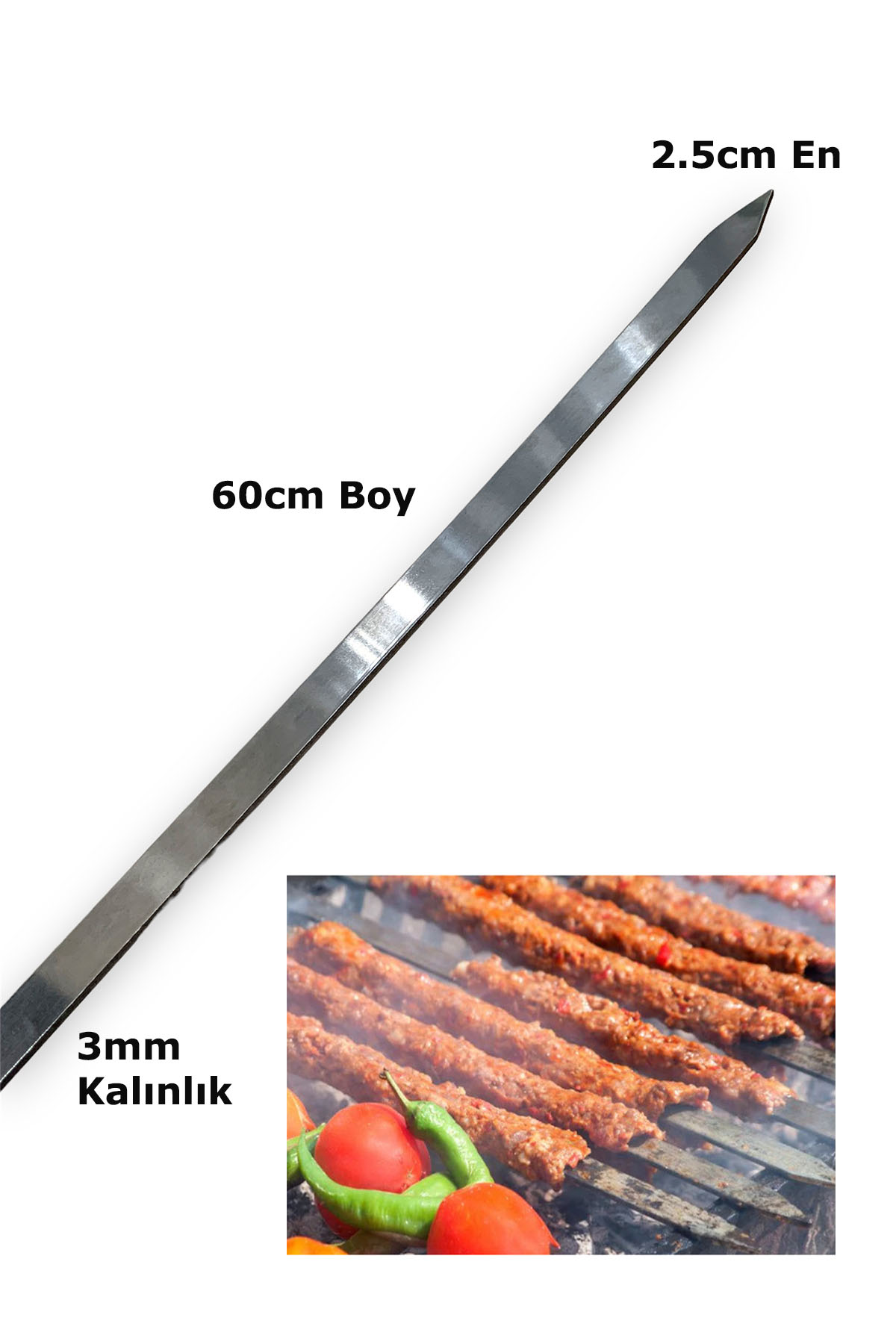 Paslanmaz Çelikten Adana Kebab Şiş 3mm (Krom) 2.5cmx60cm