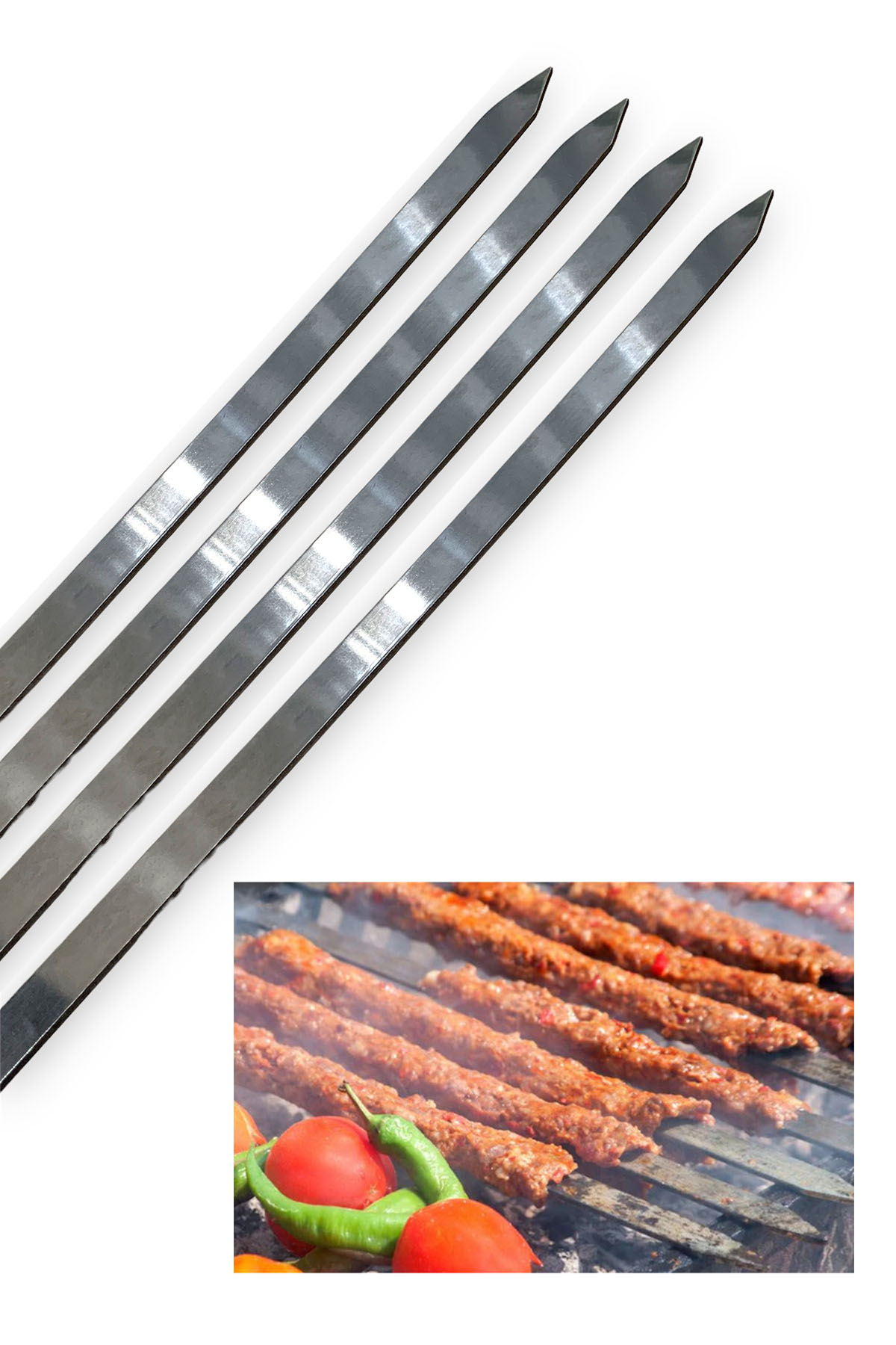 Paslanmaz Çelikten Adana Kebab Şiş 3mm (Krom) 2.5cmx60cm