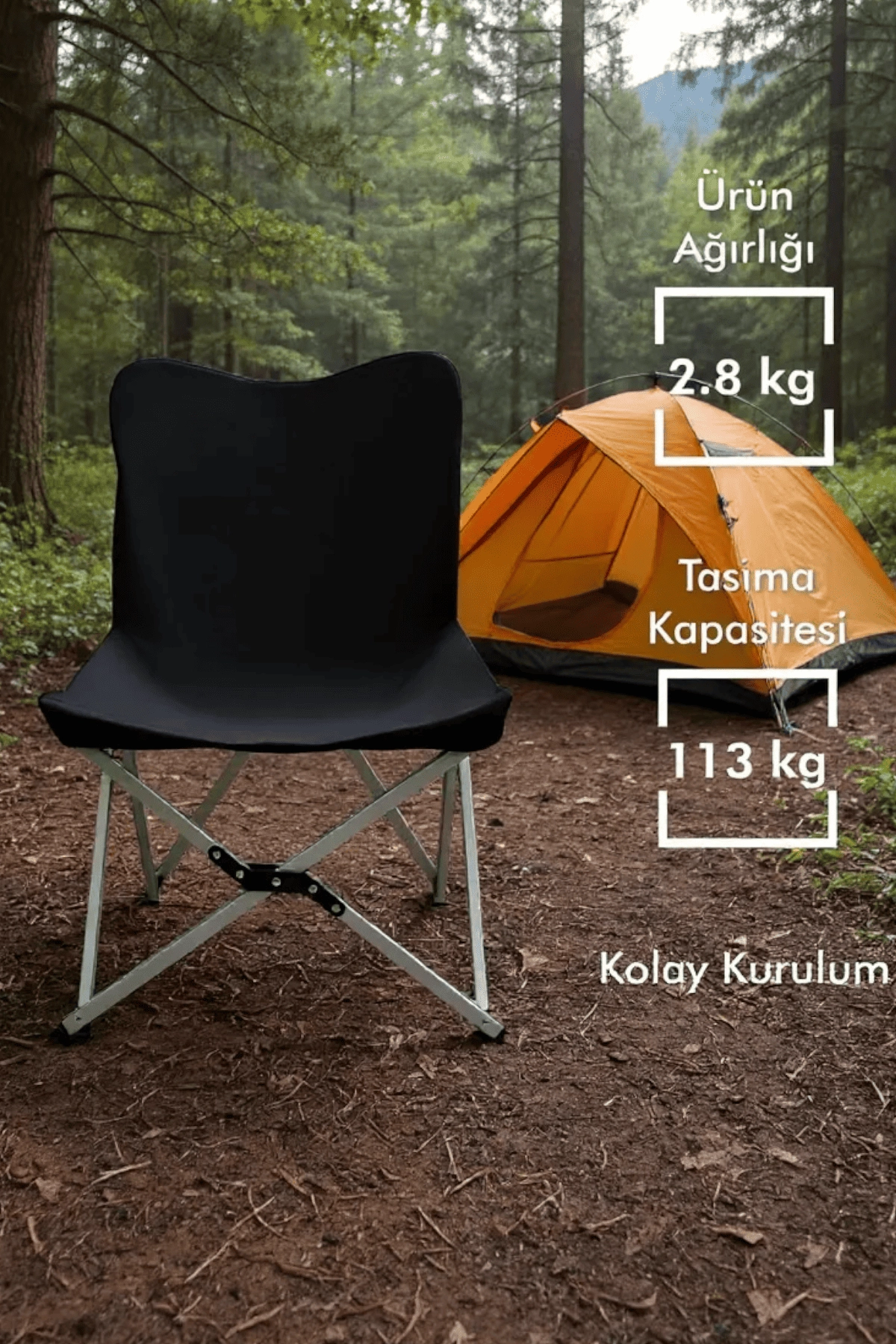 Katlanabilir Lüx Kamp ve Piknik Sandalyesi - Kalın Alüminyum İskelet - Taşıma Çantalı - Siyah